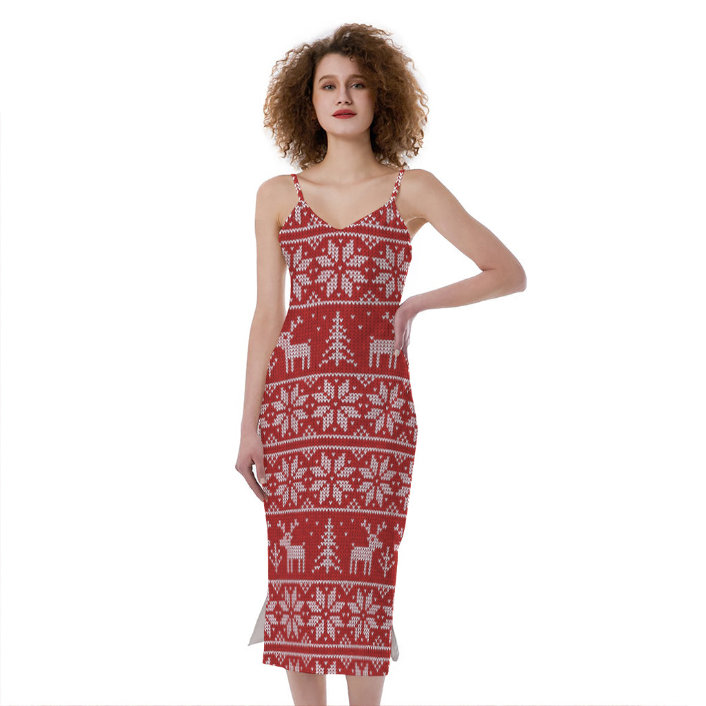 Christmas Deer Knitted Pattern Print Slim Fit Midi Cami Dress