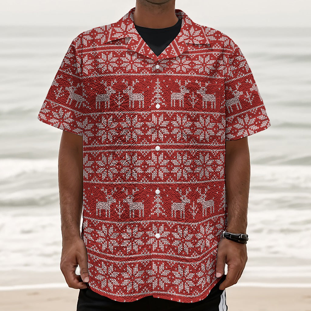 Christmas Deer Knitted Pattern Print Textured Short Sleeve Shirt