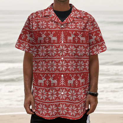 Christmas Deer Knitted Pattern Print Textured Short Sleeve Shirt