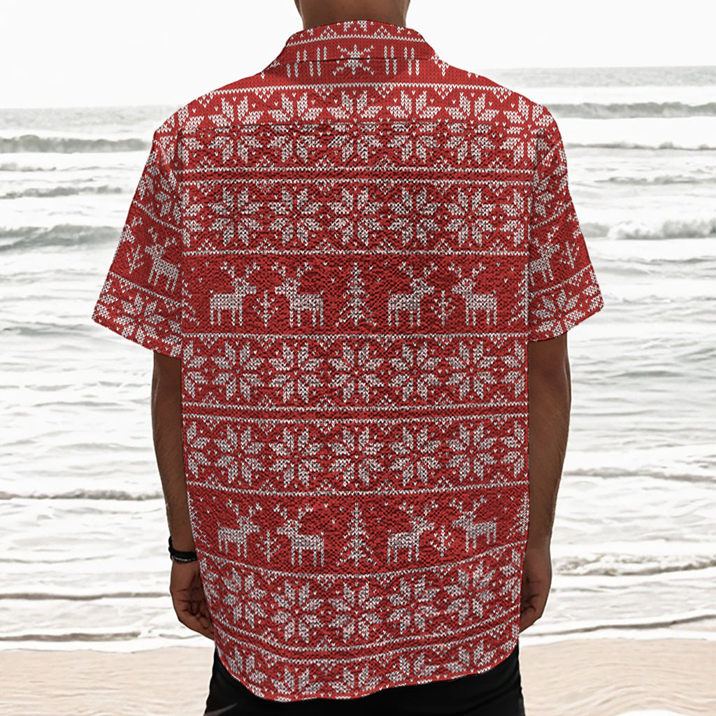 Christmas Deer Knitted Pattern Print Textured Short Sleeve Shirt