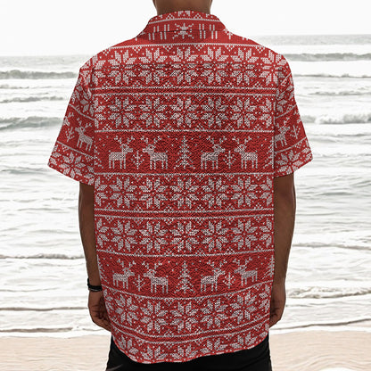 Christmas Deer Knitted Pattern Print Textured Short Sleeve Shirt