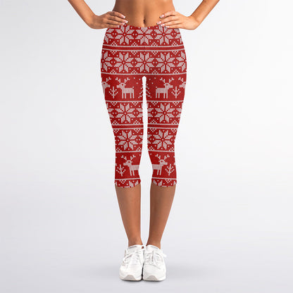 Christmas Deer Knitted Pattern Print Women's Capri Leggings