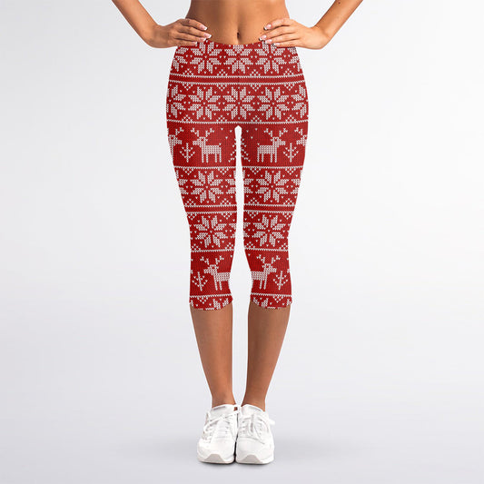 Christmas Deer Knitted Pattern Print Women's Capri Leggings