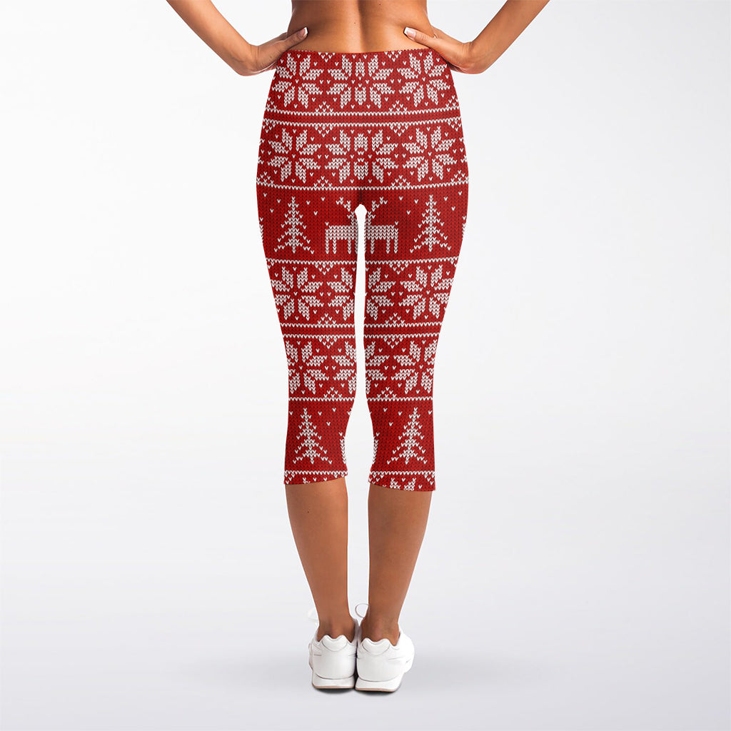 Christmas Deer Knitted Pattern Print Women's Capri Leggings