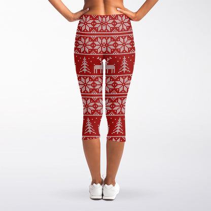 Christmas Deer Knitted Pattern Print Women's Capri Leggings