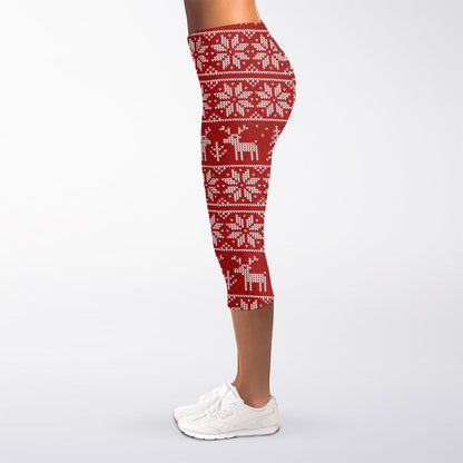 Christmas Deer Knitted Pattern Print Women's Capri Leggings
