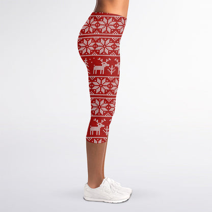 Christmas Deer Knitted Pattern Print Women's Capri Leggings