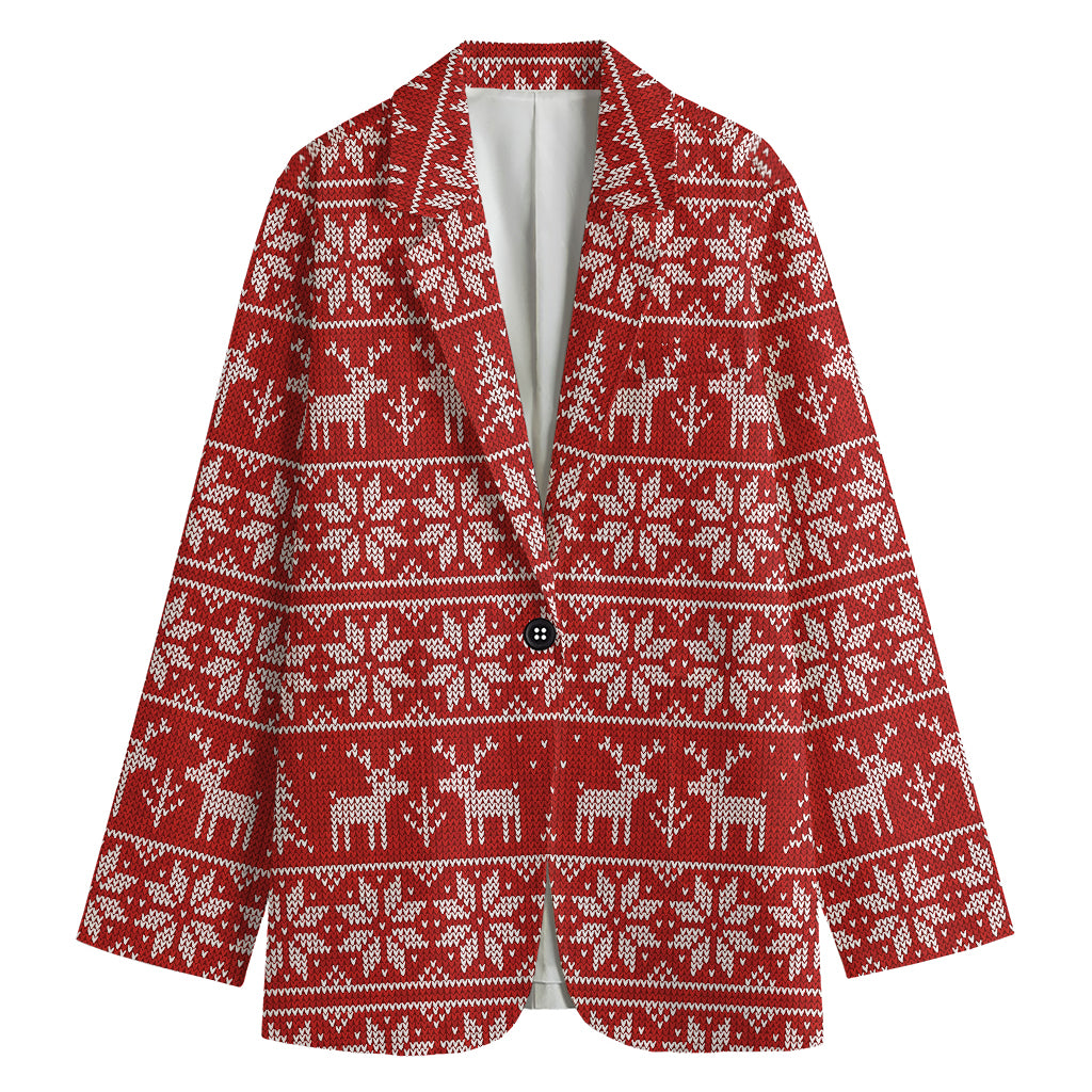 Christmas Deer Knitted Pattern Print Women's Cotton Blazer