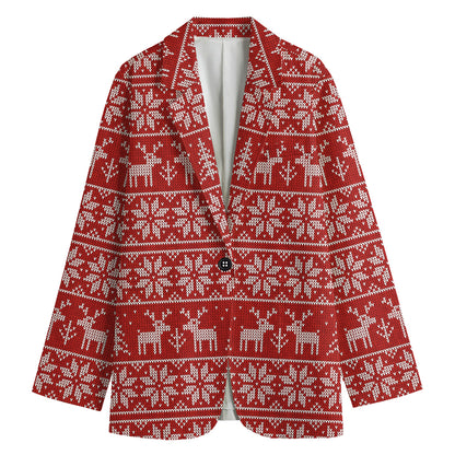Christmas Deer Knitted Pattern Print Women's Cotton Blazer