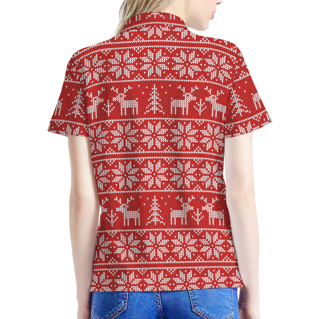 Christmas Deer Knitted Pattern Print Women's Polo Shirt