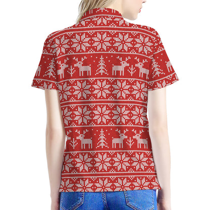 Christmas Deer Knitted Pattern Print Women's Polo Shirt