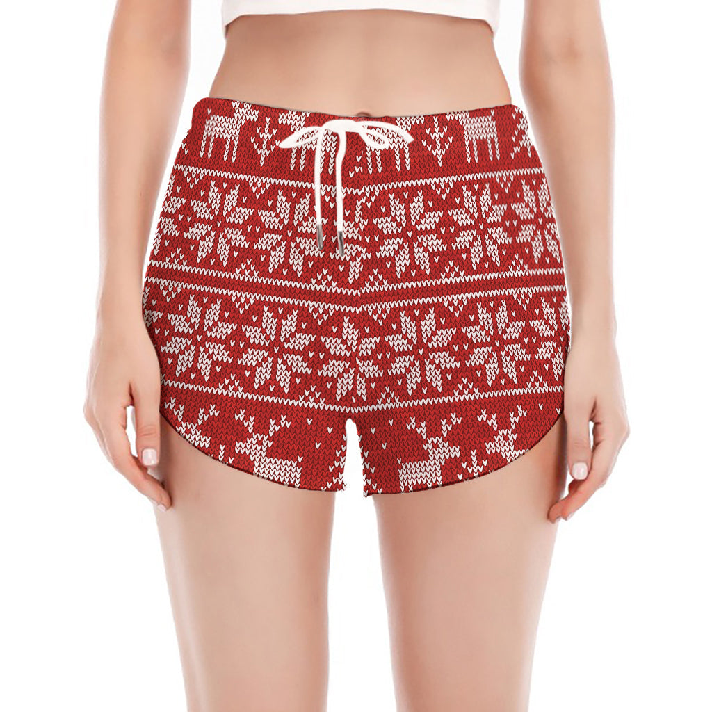 Christmas Deer Knitted Pattern Print Women's Split Running Shorts