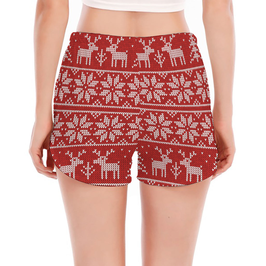Christmas Deer Knitted Pattern Print Women's Split Running Shorts