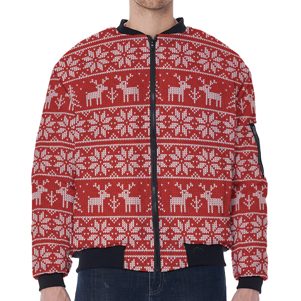 Christmas Deer Knitted Pattern Print Zip Sleeve Bomber Jacket