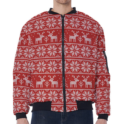 Christmas Deer Knitted Pattern Print Zip Sleeve Bomber Jacket