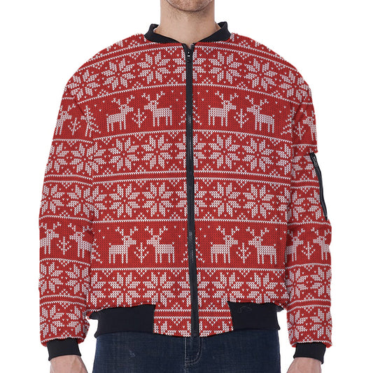 Christmas Deer Knitted Pattern Print Zip Sleeve Bomber Jacket