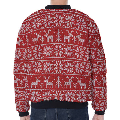 Christmas Deer Knitted Pattern Print Zip Sleeve Bomber Jacket