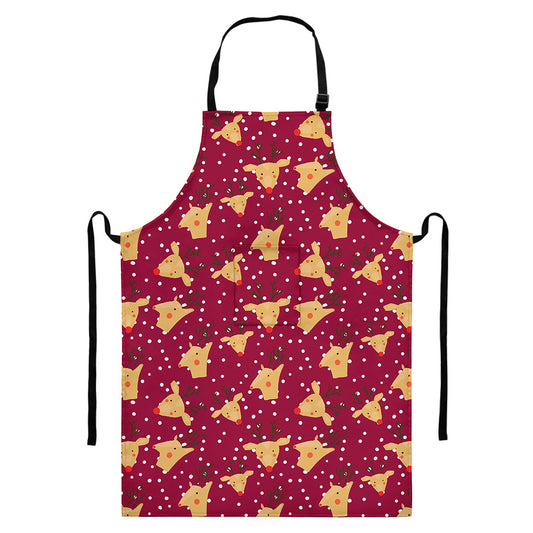 Christmas Deer Pattern Print Bib Apron With Pocket