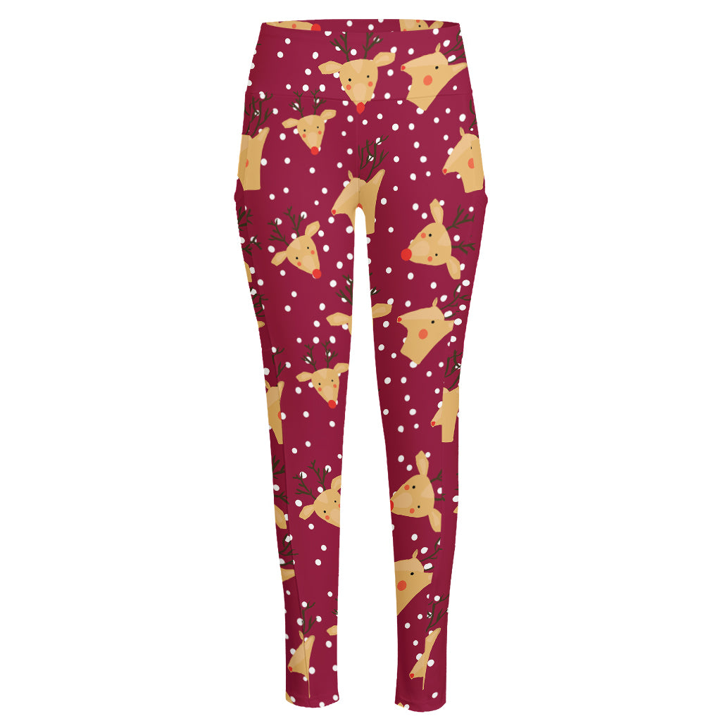 Christmas Deer Pattern Print High-Waisted Pocket Leggings
