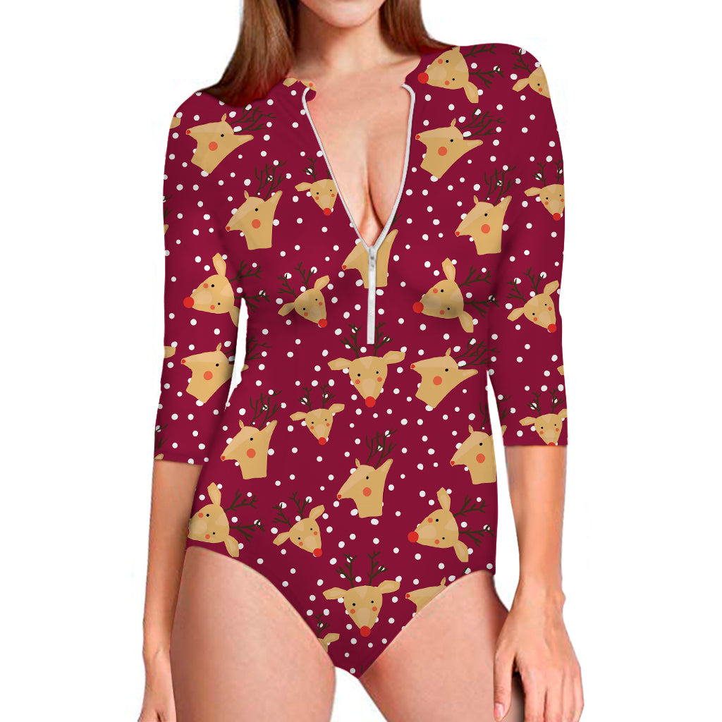 Christmas Deer Pattern Print Long Sleeve Swimsuit