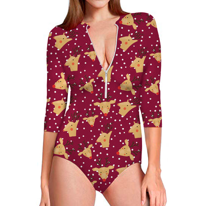 Christmas Deer Pattern Print Long Sleeve Swimsuit