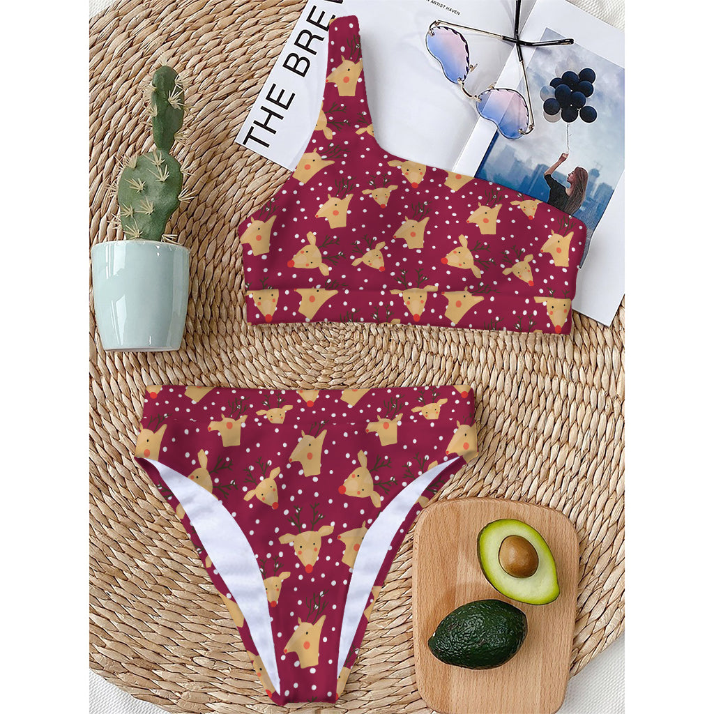 Christmas Deer Pattern Print One Shoulder Bikini Top