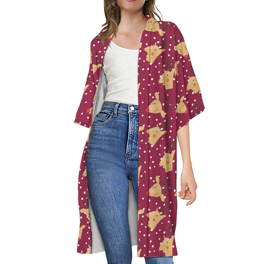 Christmas Deer Pattern Print Open Front Beach Cover Up