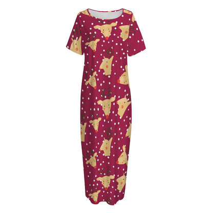 Christmas Deer Pattern Print Short Sleeve Long Nightdress