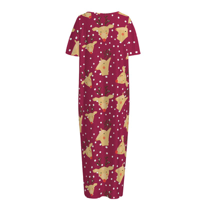 Christmas Deer Pattern Print Short Sleeve Long Nightdress