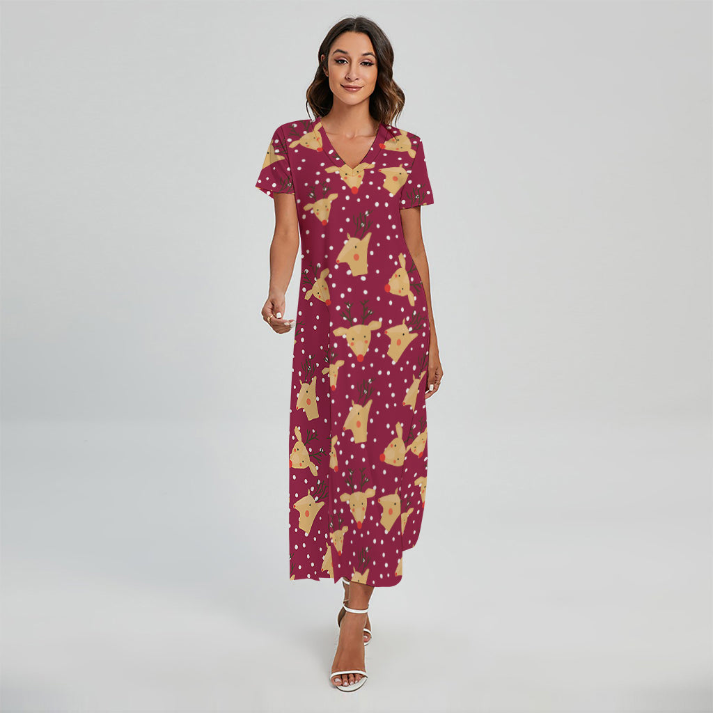 Christmas Deer Pattern Print Short Sleeve Maxi Dress
