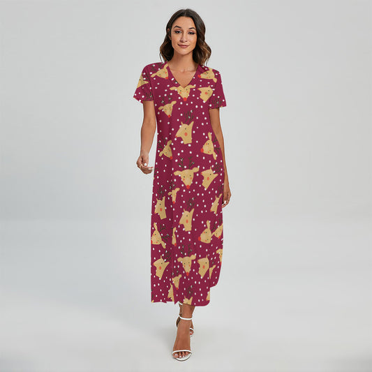 Christmas Deer Pattern Print Short Sleeve Maxi Dress