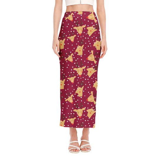 Christmas Deer Pattern Print Side Slit Maxi Skirt
