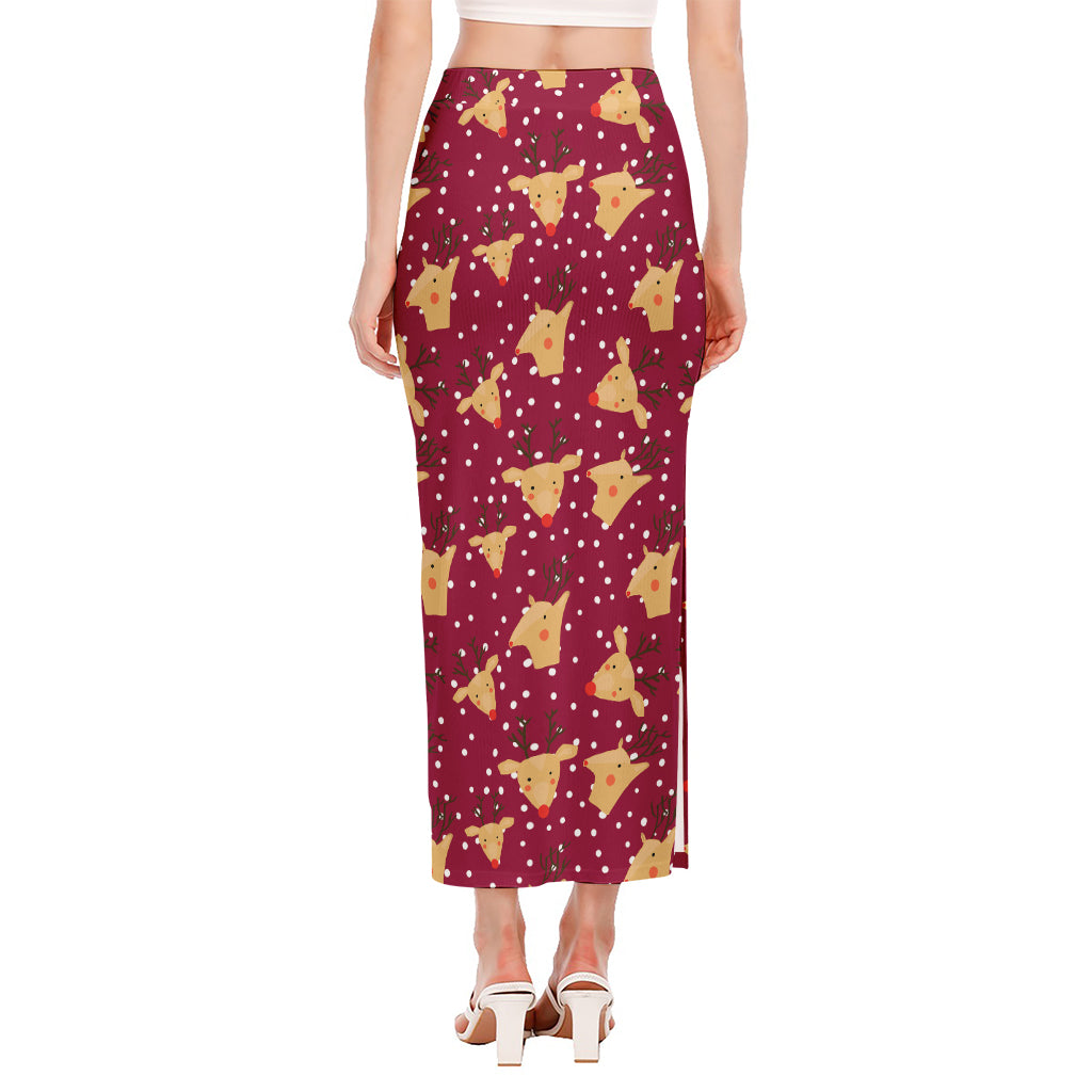 Christmas Deer Pattern Print Side Slit Maxi Skirt