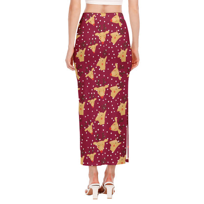 Christmas Deer Pattern Print Side Slit Maxi Skirt