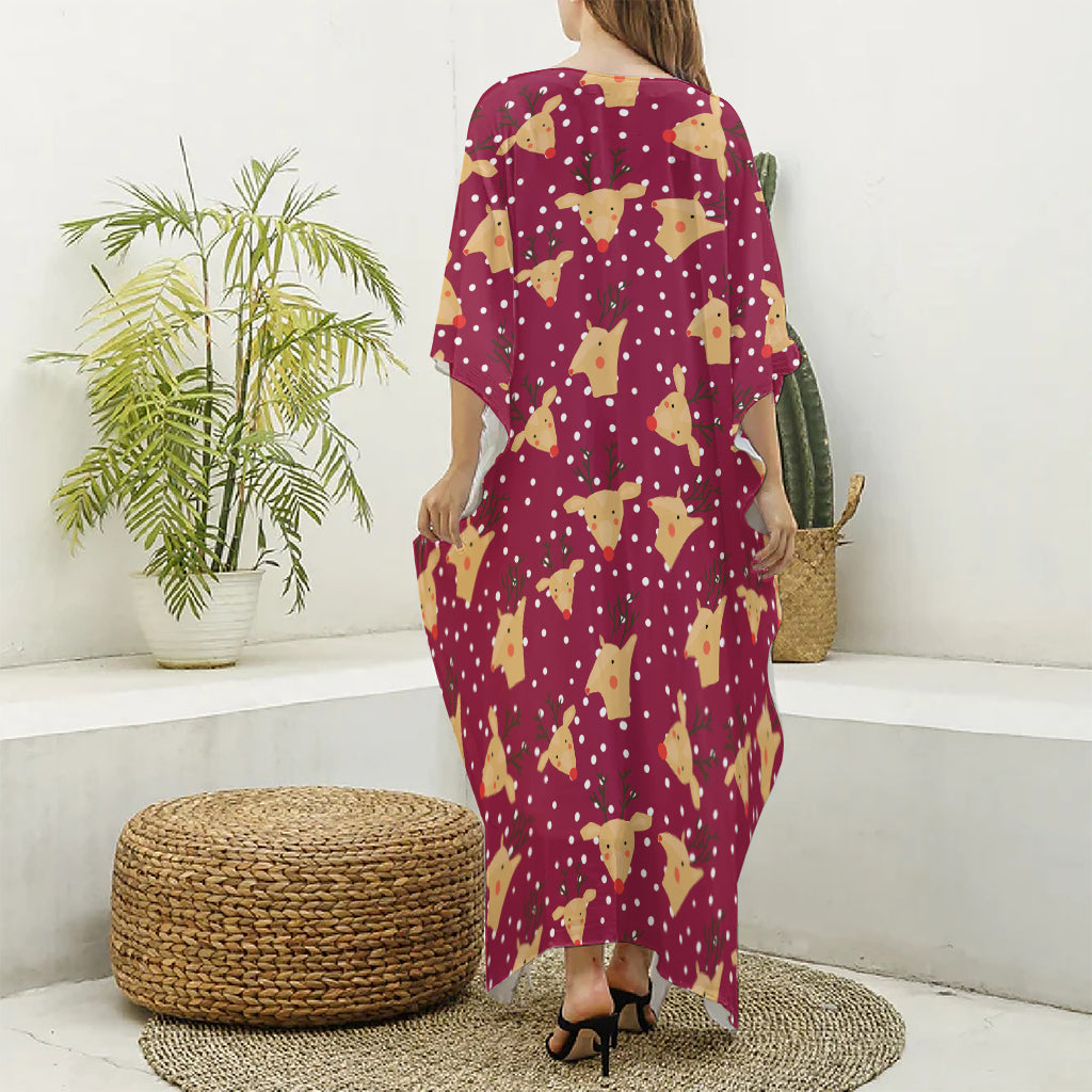 Christmas Deer Pattern Print Silk V-Neck Kaftan Dress