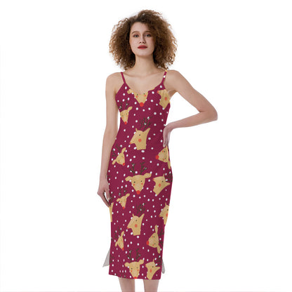 Christmas Deer Pattern Print Slim Fit Midi Cami Dress