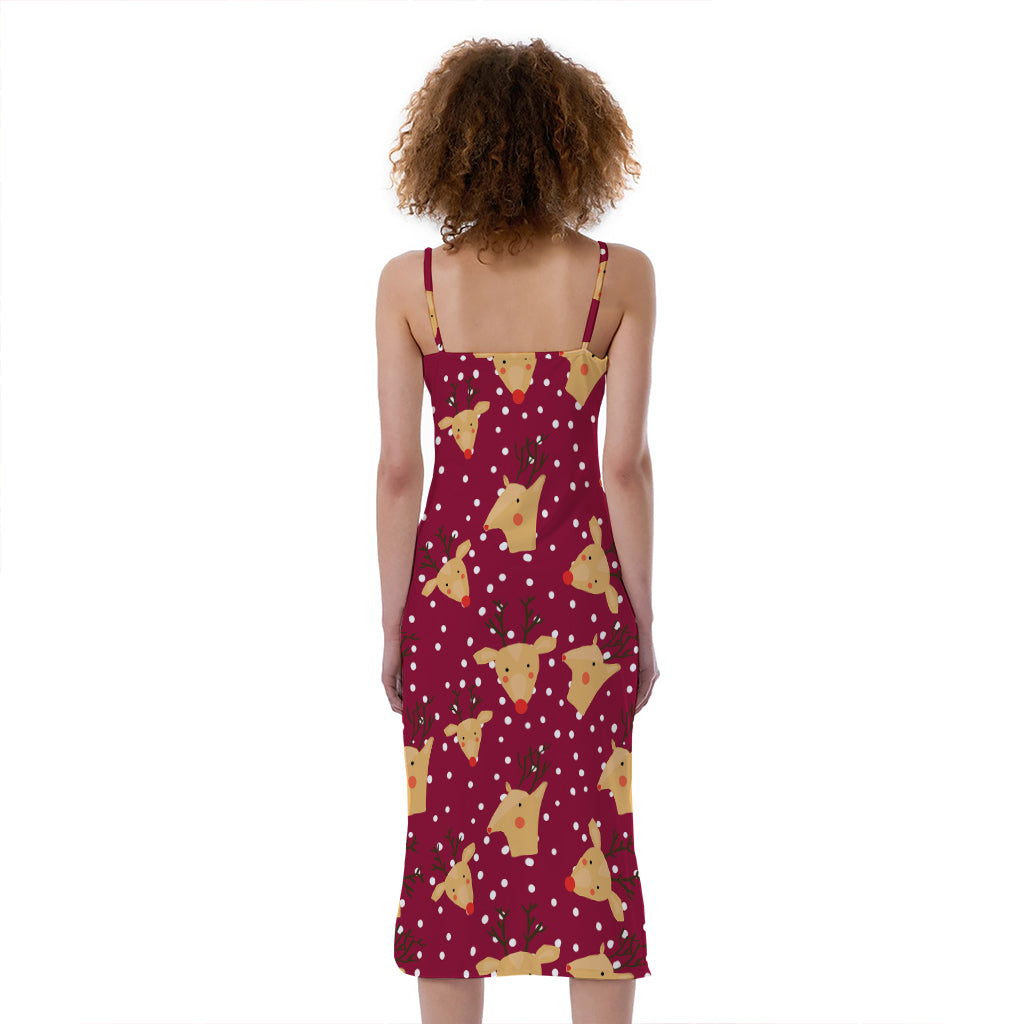 Christmas Deer Pattern Print Slim Fit Midi Cami Dress