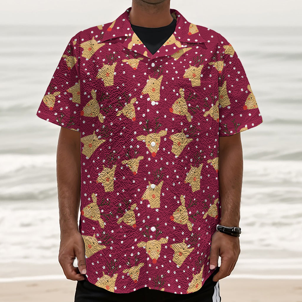 Christmas Deer Pattern Print Textured Short Sleeve Shirt