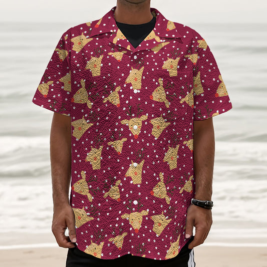 Christmas Deer Pattern Print Textured Short Sleeve Shirt