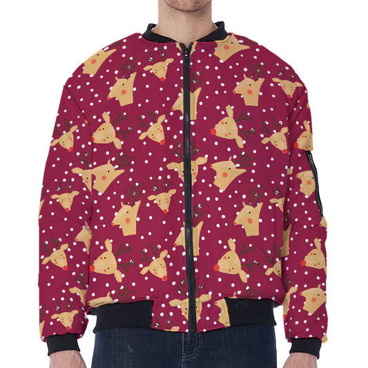 Christmas Deer Pattern Print Zip Sleeve Bomber Jacket