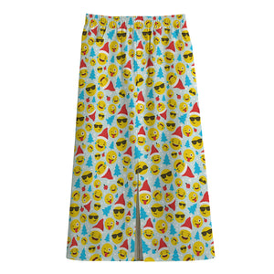 Christmas Emoji Pattern Print Cotton Front Slit Maxi Skirt