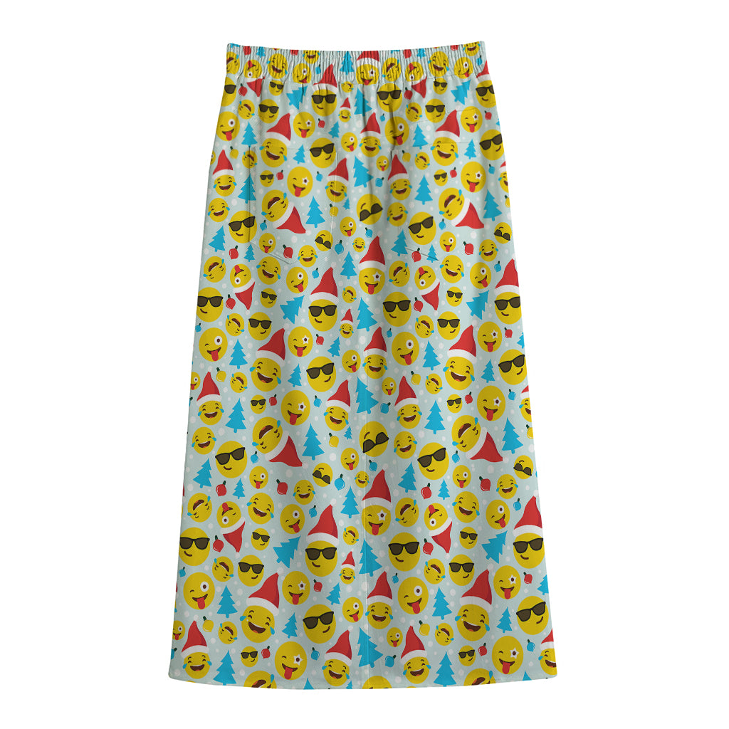 Christmas Emoji Pattern Print Cotton Front Slit Maxi Skirt