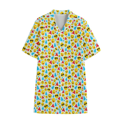 Christmas Emoji Pattern Print Cotton Hawaiian Shirt