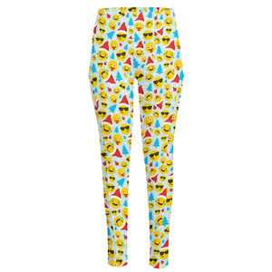 Christmas Emoji Pattern Print High-Waisted Pocket Leggings