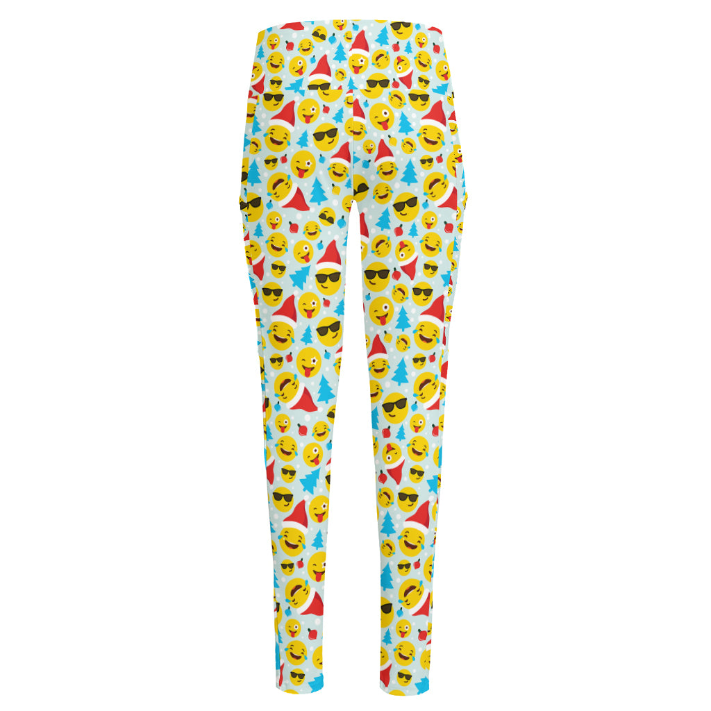 Christmas Emoji Pattern Print High-Waisted Pocket Leggings