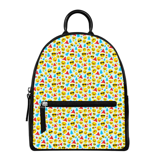 Christmas Emoji Pattern Print Leather Backpack