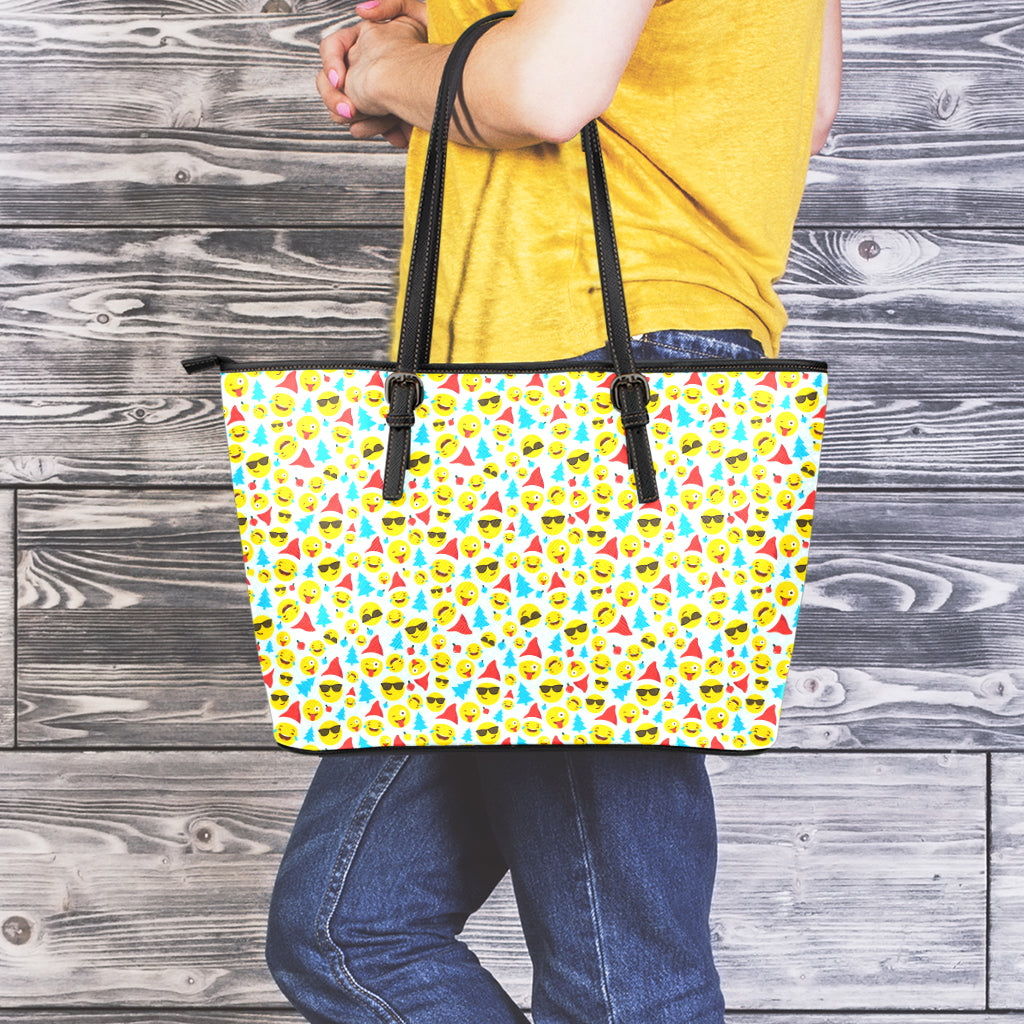 Christmas Emoji Pattern Print Leather Tote Bag