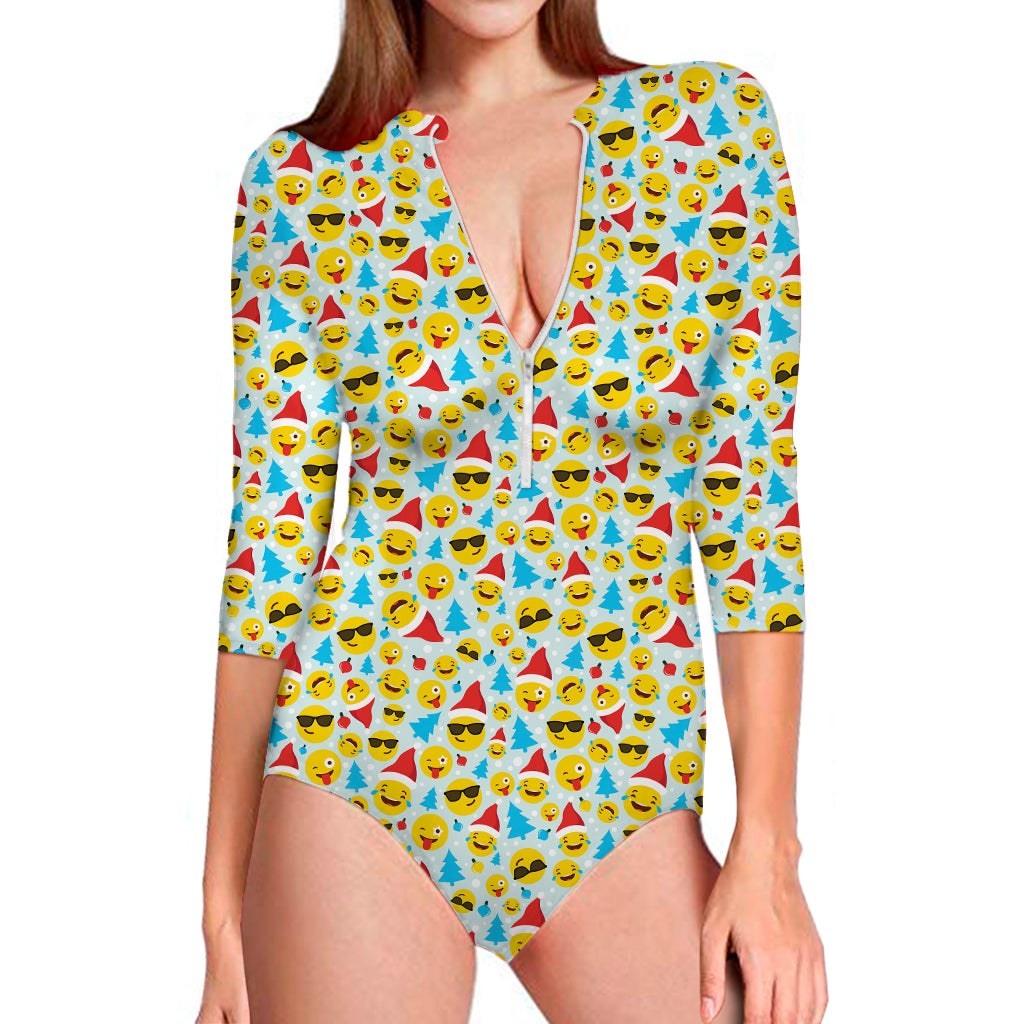 Christmas Emoji Pattern Print Long Sleeve Swimsuit