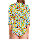 Christmas Emoji Pattern Print Long Sleeve Swimsuit