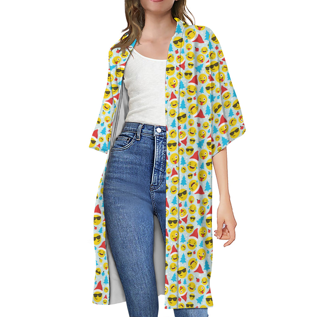 Christmas Emoji Pattern Print Open Front Beach Cover Up